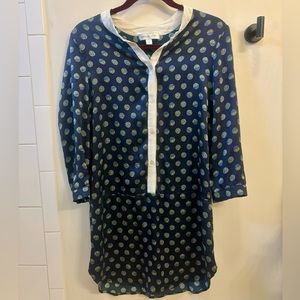 AMOUR VERT 100% silk dress navy blue polka dot button front mini size small